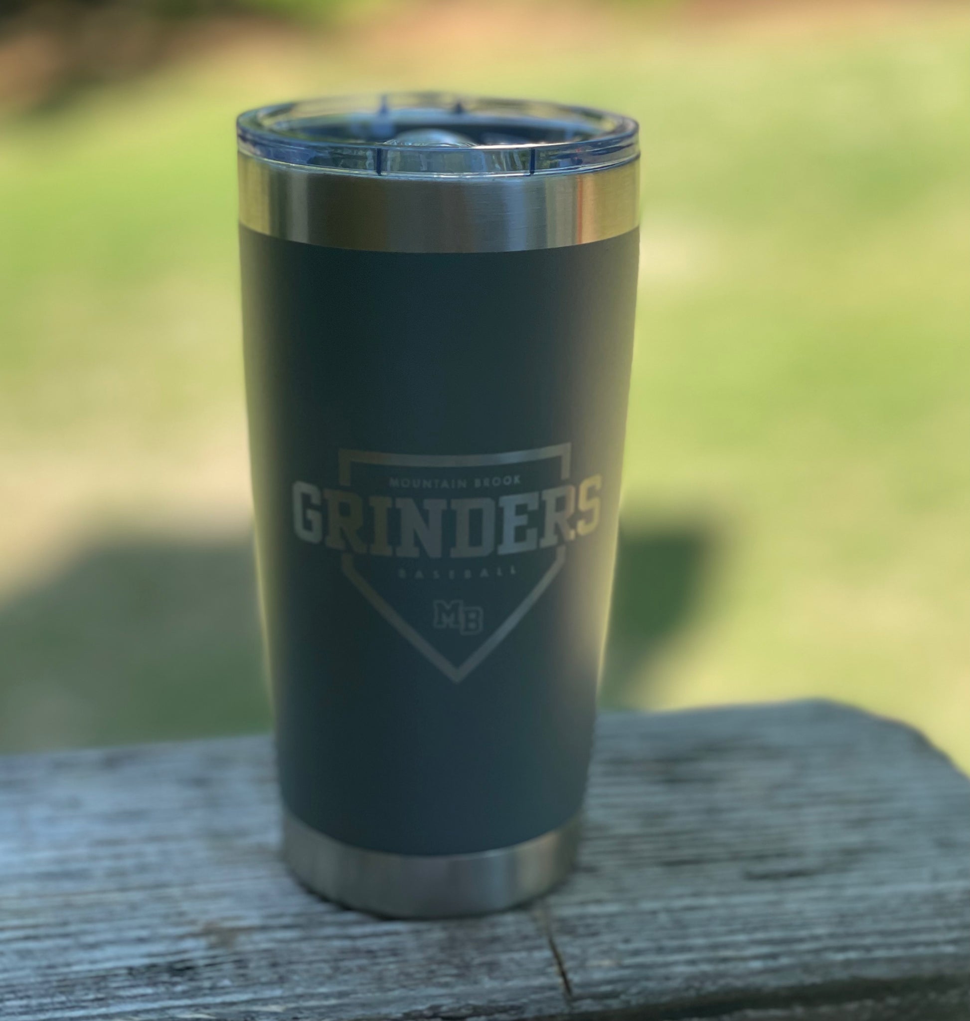 20oz vacuum sealed tumbler, custom Grinder Baseball logo laser etched into one side 